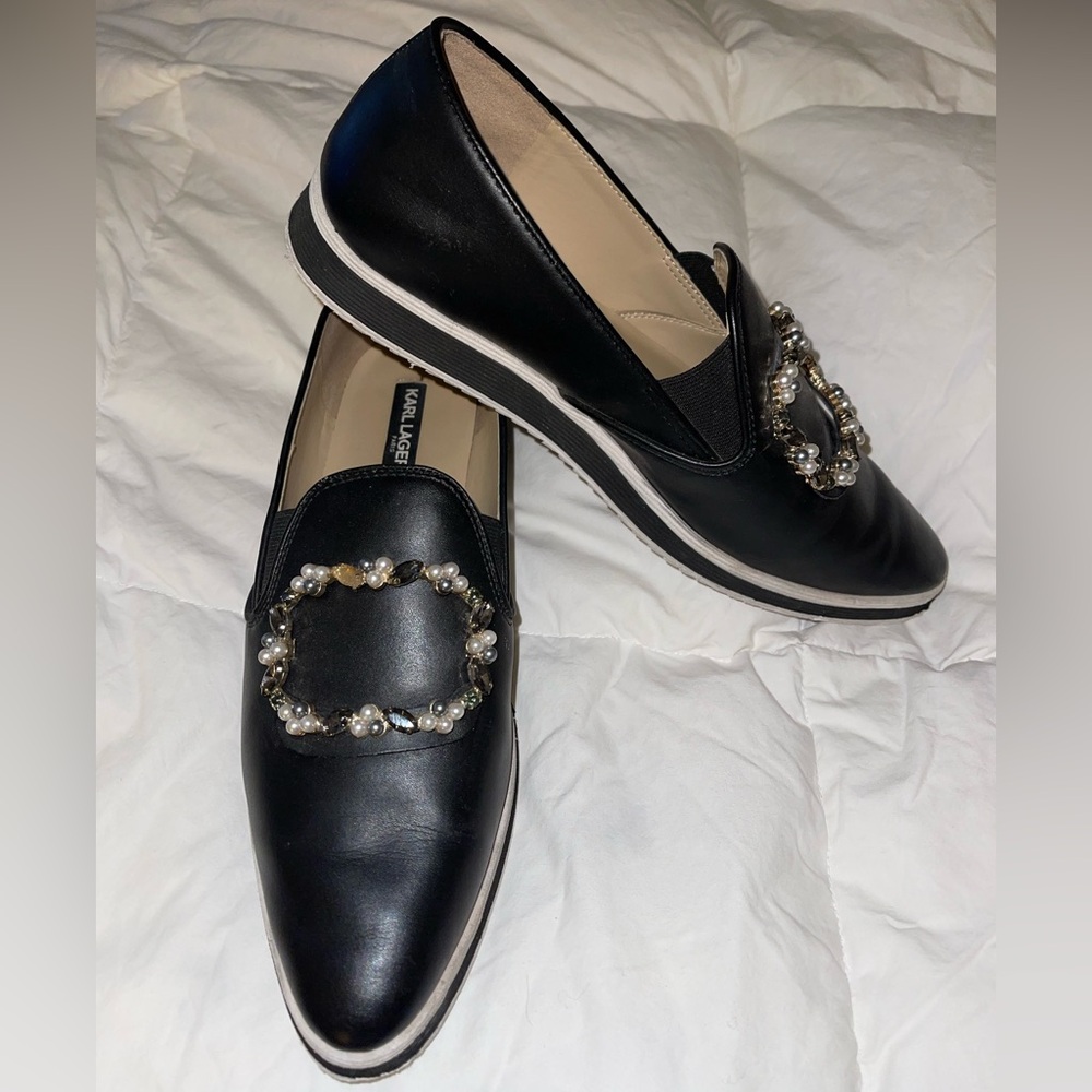 Karl Lagerfeld Black Women's Loafers with Pearl Embellishment